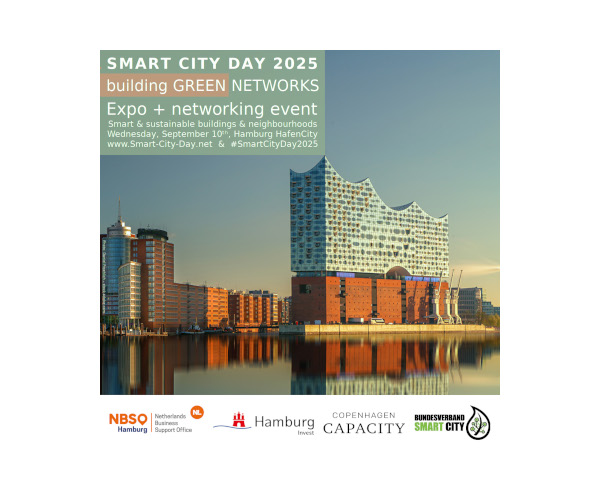 Invitation to the SMART CITY DAY HAMBURG 2025 incl. building-GREEN-NETWORKS dinner event by Bundesverband Smart City e.V. (= German Smart City Association = BVSC); HIW Hamburg Invest, Copenhagen Capacity, NBSO Netherlands Business Support Office Hamburg follow us: #SmartCityDay2025 #SmartCityDayHamburg #buildingGreenNetworks